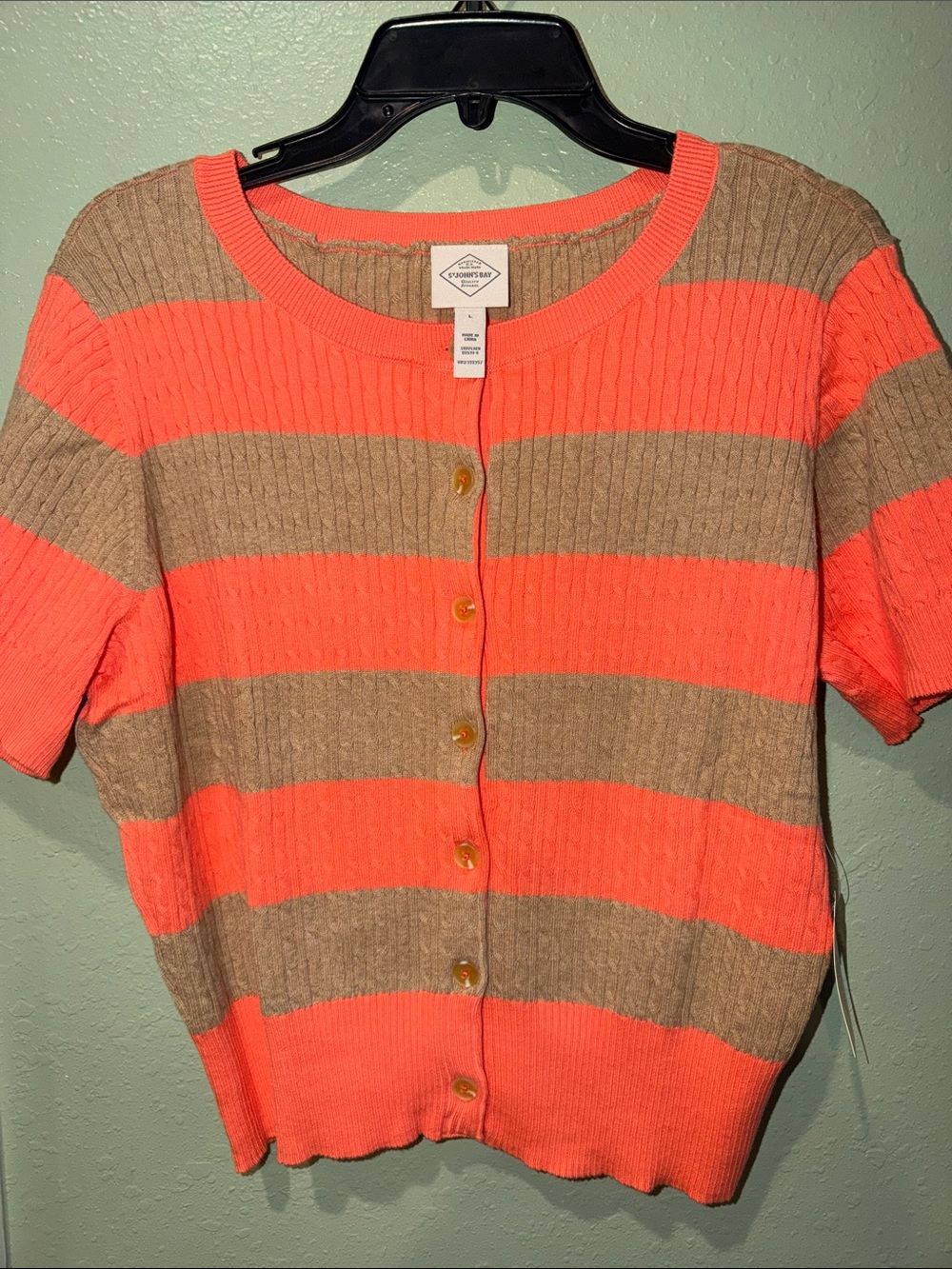 St. John's Bay Coral & Taupe Striped Short-Sleeve Button Cardigan